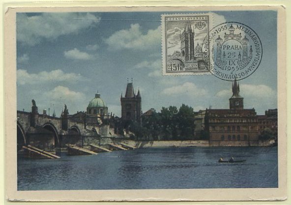 23Lis_0579.jpg -     Lote:    579            Estrangeiro       Descrição:      Checoslováquia   &mdash; Praga * Torre Gótica da Ponte Charles. Postal ilustrado concordante com selo de 45h Yvert828A, obliterados com carimbo de Praga (25.09.1955).        PM       Valor Base:     &euro; 5,00     Valor Venda:     &euro; 5,00     