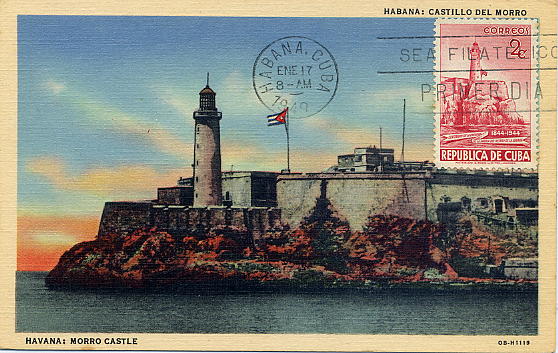 23Lis_0580.jpg -     Lote:    580            Estrangeiro       Descrição:      Cuba.   1949 &mdash; Centenário do Farol do Morro em Havana. Postal ilustrado concordante com selo de 2c vermelho, Yv-318, obliterado com marca de dia de Havana (17.01.1949), 1.º dia de circulação do selo.        PM       Valor Base:     &euro; 15,00     Valor Venda:     &euro; 32,00     