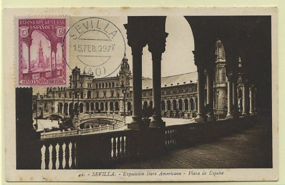 23Lis_0582.jpg -     Lote:    582            Estrangeiro       Descrição:      Espanha.   1926 &mdash; Sevilha. Praça de Espanha. Postal máximo com selo da Exposição Geral Espanhola, Sevilha-Barcelona de 5c Yvert369, com marca de dia de "SEVILLA / 15 FEB 29". MR.        PM       Valor Base:     &euro; 20,00     Valor Venda:     Retirado     