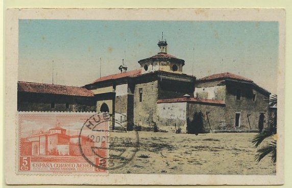 23Lis_0583.jpg -     Lote:    583            Estrangeiro       Descrição:      Espanha.   1930 &mdash; Mosteiro de La Rábida. Postal ilustrado com selo de 5 cts Yvert CA57, obliterados por carimbo de Huelva (20.12.30).        PM       Valor Base:     &euro; 20,00     Valor Venda:     &euro; 22,00     