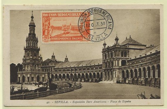 23Lis_0584.jpg -     Lote:    584            Estrangeiro       Descrição:      Espanha.   Sevilha * Praça de Espanha. Postal ilustrado com selo concordante de 20 cts, Yvert EXP12, do Encerramento da Exposição de Sevilha, com marca de dia da Exposição (12.10.30). MB e MR.        PM       Valor Base:     &euro; 20,00     Valor Venda:     Retirado     