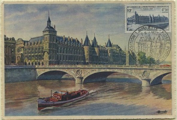 23Lis_0588.jpg -     Lote:    588            Estrangeiro       Descrição:      França.   La Conciergerie. Postal ilustrado concordante com selos de 4,50f, comemorativo do XII Congresso da UPU, Yvert781, obliterados com carimbo comemorativo da Exposição Lavalette (07.05.47).        PM       Valor Base:     &euro; 15,00     Valor Venda:     &euro; 15,00     