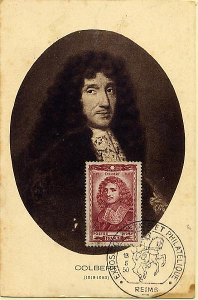 23Lis_0590.jpg -     Lote:    590            Estrangeiro       Descrição:      França &mdash; Colbert   * Ministro de França. Postal ilustrado com selo de 2f+4f obliterados com carimbo comemorativo da Exposição Postal e Filatélica de Reims (13.05.1950). B e raro.        PM       Valor Base:     &euro; 10,00     Valor Venda:     &euro; 10,00     