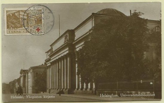 23Lis_0595.jpg -     Lote:    595            Estrangeiro       Descrição:      Finlândia   &mdash; Biblioteca da Universidade de Helsingfors. Postal ilustrado concordante com selo de 1 &frac14; mk + 10p Yvert170, obliterados com marca de dia de Helsingfors (13.01.34).        PM       Valor Base:     &euro; 8,00     Valor Venda:     &euro; 8,00     