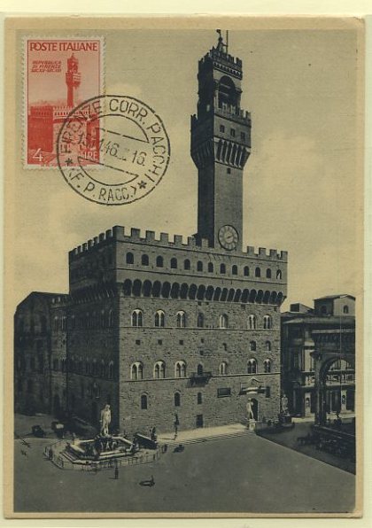 23Lis_0600.jpg -     Lote:    600            Estrangeiro       Descrição:      Itália   &mdash; Palácio da Senhora em Florença. Postal ilustrado com selo concordante de 4L Yvert507, obliterados com marca de dia de Firenze (15.11.46).        PM       Valor Base:     &euro; 8,00     Valor Venda:     &euro; 8,00     