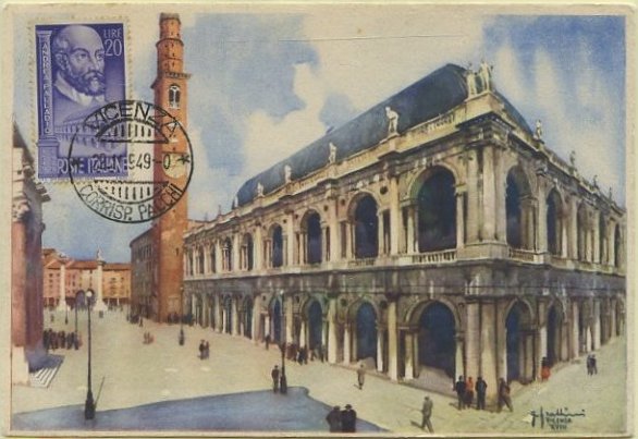 23Lis_0602.jpg -     Lote:    602            Estrangeiro       Descrição:      Itália   &mdash; 4.º Centenário do Arquitecto Andrea Palladio. Basílica de S. Vicente em Vicenza. Postal ilustrado concordante com selo de 20L Yvert546, obliterados com marca de dia de Vicenza (22.01.49).        PM       Valor Base:     &euro; 6,00     Valor Venda:     Retirado     