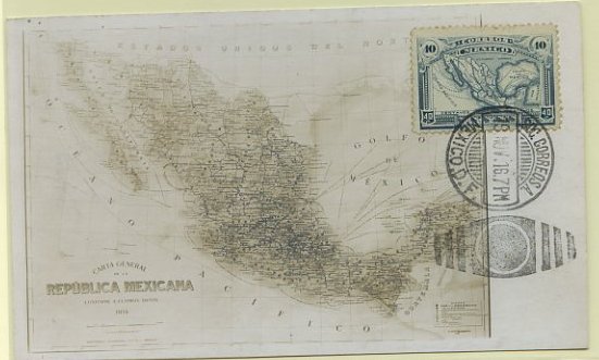 23Lis_0605.jpg -     Lote:    605            Estrangeiro       Descrição:      México   &mdash; Carta Geográfica do México. Postal ilustrado fotográfico, concordante com selos de 40c, Yvert352, obliterados com marca de dia de México DC (18.11.16).        PM       Valor Base:     &euro; 15,00     Valor Venda:     Retirado     