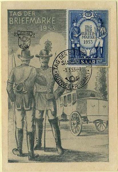 23Lis_0610.jpg -     Lote:    610            Estrangeiro       Descrição:      SAAR.   Correios. Carimbo de dia. Postal ilustrado da Exposição Filatélica Nacional de 1953 com selo concordante do evento (1953) de 15f azul, obliterados com carimbo comemorativo de 1.º dia de circulação (03.05.1953).        PM       Valor Base:     &euro; 10,00     Valor Venda:     &euro; 10,00     