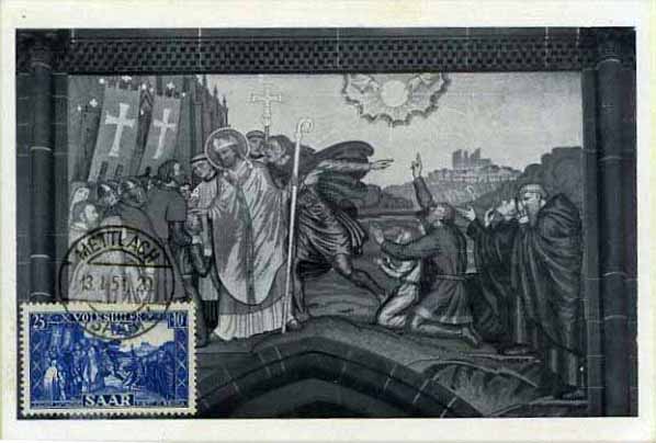 23Lis_0611.jpg -     Lote:    611            Estrangeiro       Descrição:      SAAR   * Pintura. Quadro "Santo Lutwinnus em Reims" instalado na sacristia da igreja paroquial de Mettlach. Postal ilustrado fotográfico com selo de 25+40p azul, obliterados com carimbo de Mettlach (13.01.51).        PM       Valor Base:     &euro; 10,00     Valor Venda:     &euro; 10,00     