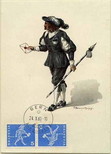 23Lis_0615.jpg -     Lote:    615            Estrangeiro       Descrição:      Suíça   * Messager de Fribourg. Postal ilustrado temático com par de selos de 5c, azul claro (emissão de 1960) concordante e obliterados com carimbo de Berna (24.10.1960).        PM       Valor Base:     &euro; 10,00     Valor Venda:     Retirado     