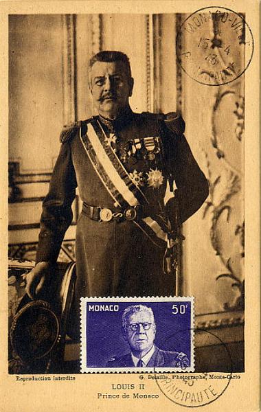 23Lis_0616.jpg -     Lote:    616            Estrangeiro       Descrição:      Mónaco &mdash; Louis II.   Príncipe do Mónaco. Postal ilustrado com selo de 50f (fígie do Príncipe), obliterados com carimbo do Mónaco-Ville (15.04.43). MB e R.        PM       Valor Base:     &euro; 15,00     Valor Venda:     &euro; 20,00     