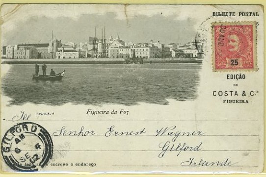 23Lis_0633.jpg -     Lote:    633                   Descrição:         Figueira da Foz (Recordação da). Vista a partir do rio. Edição Costa & Cia. Circulado com selo de 25 reis carmim, D. Carlos I, tipo Mouchon.        PI       Valor Base:     &euro; 4,00     Valor Venda:     &euro; 8,00     