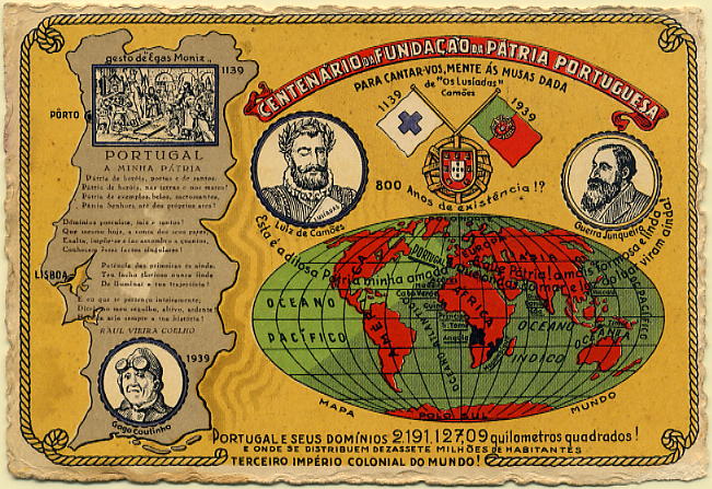 23Lis_0667.jpg -     Lote:    667                   Descrição:         Patrióticos. Centenário da Fundação da Pátria Portuguesa ( Efígies de Egas Moniz. Luís de Camões, Guerra Junqueiro e Gago Coutinho). Postal ilustrado patriótico editado pela Litografia Porto em 31-10-1939. Emitidos 10.000 exemplares. MB.        PI       Valor Base:     &euro; 15,00     Valor Venda:     Retirado     
