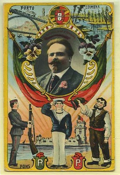 23Lis_0669.jpg -     Lote:    669                   Descrição:         Temático. Figuras da República. Postal ilustrado com imagens do Porto, Coimbra e Lisboa e com a figura de António José de Almeida, ministro e fundador do Partido Evolucionista. Circulado. MB e MR.        PI       Valor Base:     &euro; 35,00     Valor Venda:     &euro; 55,00     