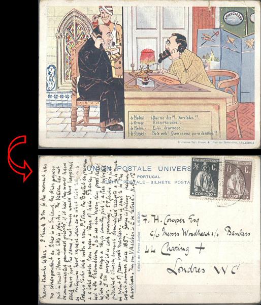 23Lis_0675.jpg -     Lote:    675                   Descrição:         Humorísticos * Política &mdash; Postal ilustrado colorido editado por Ferros Júnior. Pequenos defeitos. MB e R.        PI       Valor Base:     &euro; 10,00     Valor Venda:     &euro; 26,00     