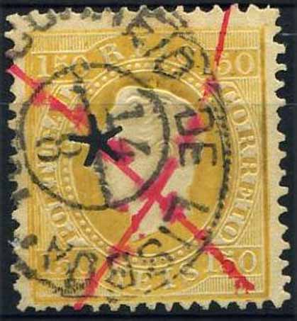 23Lis_0695.jpg -     Lote:    695                   Descrição:         Perfurados. Perfurações da telegrafia eléctrica. 1879/80 &mdash; D. Luís I, fita direita. CE51, 150 reis amarelo, denteado 12 &frac12;, papel porcelana, perfurado com estrela de 5 pontas e traços em cruz a vermelho.        O       Valor Base:     &euro; 10,00     Valor Venda:     Retirado     