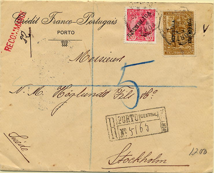 23Lis_0705.jpg -     Lote:    705                   Descrição:         Perfurados. 1911 &mdash; D. Manuel II com sobrecarga República + Centenário da Índia com sobrecarga República, e sobretaxa sobre selos da Madeira. Sobrescrito circulado registado do Porto (15.03.12) para a Suécia (19.03.12) com selo de 20 reis carmim CE174 e 80 s/ 150 reis bistre CE203. Selos perfurados com CFP.        Carta       Valor Base:     &euro; 50,00     Valor Venda:     Retirado     