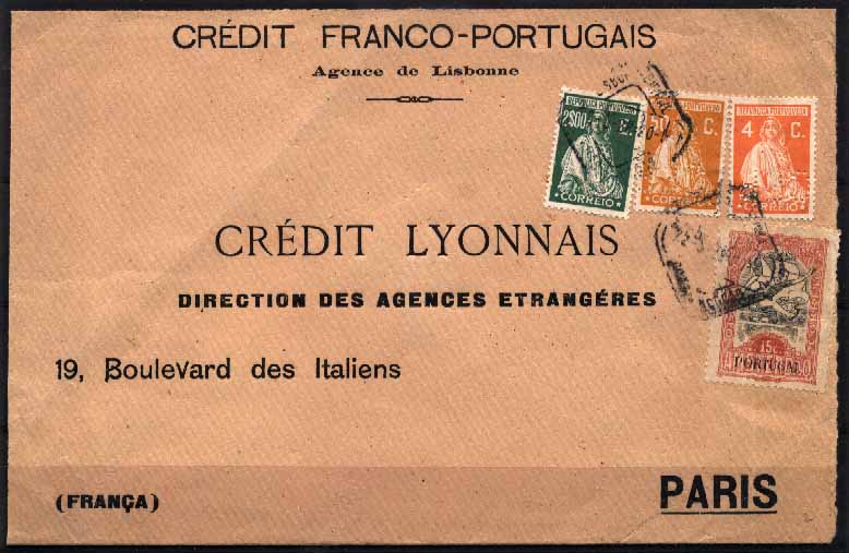 23Lis_0713.jpg -     Lote:    713                   Descrição:         Perfurados. 1926/28 &mdash; Ceres, emissão Londres + Imposto Postal * Jogos Olímpicos. Sobrescrito circulado de Lisboa (22.05.28) para Paris, com selos de 4c, 50c e 2$00 CE398, 406 e 415 + selo do Imposto Postal de 15c CE IPT21. Estes selos apenas circularam de 22 a 24 de Maio de 1928. Selos Ceres perfurados com C.F.P. Carta muito rara.        Carta       Valor Base:     &euro; 490,00     Valor Venda:     Retirado     
