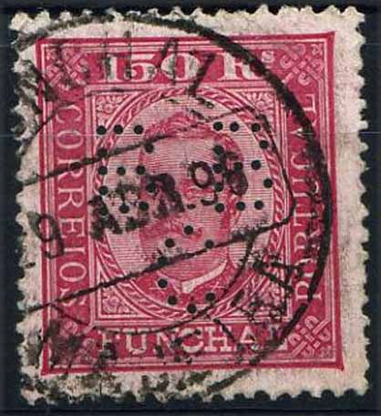 23Lis_0714.jpg -     Lote:    714                   Descrição:         Perfurados. Funchal. 1892/93 &mdash; D. Carlos I tipo Diogo Neto. CE7, 150 reis carmim s/ rosa, perfurado com B B C &mdash; Blandy Brothers & C.ª.        O       Valor Base:     &euro; 10,00     Valor Venda:     &euro; 18,00     