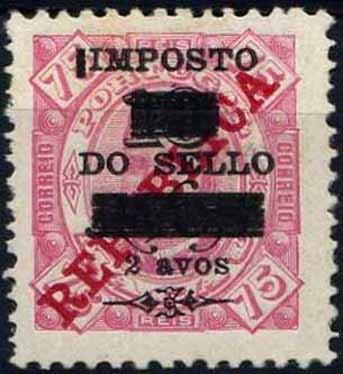 23Lis_0733.jpg -     Lote:    733                   Descrição:         1920 &mdash; Imposto de Selo. D. Carlos I com sobrecarga REPUBLICA e IMPOSTO DE SELO, E SOBRETAXA 2 avos s/ 18 avos s/ 75 reis.        *       Valor Base:     &euro; 15,00     Valor Venda:     &euro; 15,00     