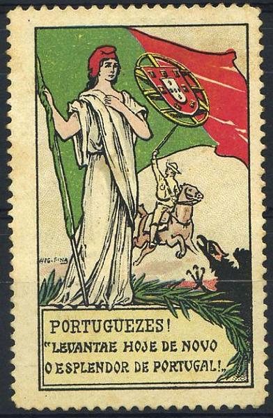 23Lis_0755.jpg -     Lote:    755                   Descrição:         Vinhetas. Patrióticas. Portugueses levantai hoje de novo o esplendor de Portugal. Imagem da República empunhando a bandeira nacional. MB.        *       Valor Base:     &euro; 5,00     Valor Venda:     &euro; 5,00     
