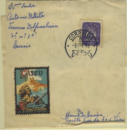 23Lis_0756.jpg -     Lote:    756                   Descrição:         Vinhetas. Cinta circulada de Viseu (03.09.51) para Cascais com selo de $20 tipo Caravela e vinheta publicitária à Feira de S. Mateus em Viseu. MB.        CNT       Valor Base:     &euro; 5,00     Valor Venda:     Retirado     