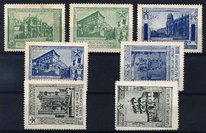 23Lis_0764.jpg -     Lote:    764                   Descrição:         Vinhetas. Esperantismo. Legenda "Esperentismo estas pacigafero". Lote de 7 vinhetas de cores diversas com diversos monumentos nacionais. Todas diferentes.        *       Valor Base:     &euro; 5,00     Valor Venda:     &euro; 5,00     