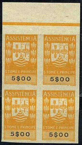23Lis_0774.jpg -     Lote:    774                   Descrição:         1958 &mdash; Assistência. PB58, 5$00 amarelo. Quadra bordo superior de folha, não denteada, na cor aprovada.        PRV       Valor Base:     &euro; 10,00     Valor Venda:     &euro; 12,00     