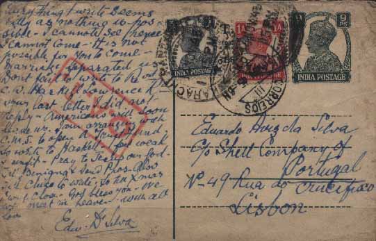 23Lis_0797.jpg -     Lote:    797            Correio Aéreo       Descrição:         O.A.T. &mdash; Inteiro postal de 9ps circulado da Índia Inglesa * Karachi (14.11.45) para Lisboa (20.11.45) com selos adicionais de 3ps e 1Anna. Marca "O.A.T." batida a vermelho, tipo XI.        Aéreo       Valor Base:     &euro; 50,00     Valor Venda:     &euro; 60,00     