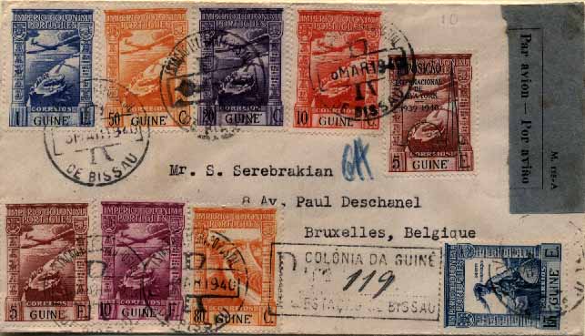 23Lis_0805.jpg -     Lote:    805            Correio Aéreo       Descrição:         Correio Aéreo. 1938 &mdash; Império Colonial Português. Sobrescrito circulado registado de Bissau (31.03.40) para Bruxelas com trânsito por Lisboa (13.05.40) com selos do correio ordinário de $80 e 1$74 CE234 e 238 + selos do correio aéreo de $10, $20, $50, 1$00, 5$00 e 10$00 CE CA&frac14;, 7 e 9 + selo de 5$00 com a sobrecarga "Exposição Internacional de Nova York 1939-1940". Etiqueta da sobretaxa do correio aéreo Mod 115-A. MB e MR.        Aéreo       Valor Base:     &euro; 370,00     Valor Venda:     Retirado     