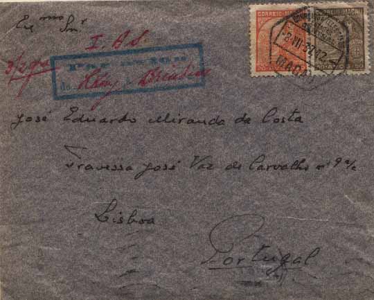 23Lis_0809.jpg -     Lote:    809            Correio Aéreo       Descrição:         1937 &mdash; Macau-Lisboa. Sobrescrito circulado de Macau (08.07.37) para Lisboa (22.07.37) via Hong-Kong (09.07.37), com selos de 20 e 50 avos Padrões CE281 e 284. Ligação aérea Hong-Kong / Brindisi pela Imperial Airways.        Aéreo       Valor Base:     &euro; 40,00     Valor Venda:     &euro; 50,00     