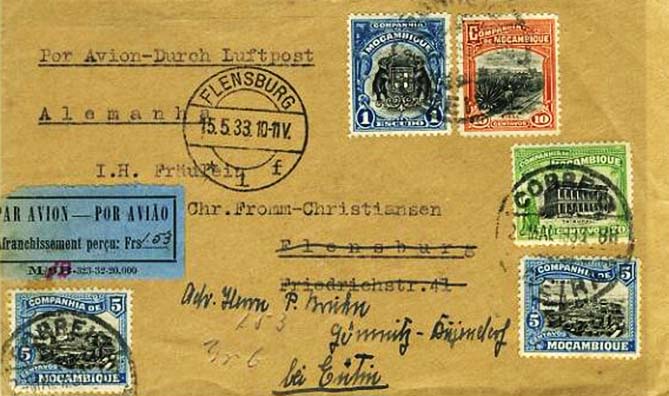 23Lis_0814.jpg -     Lote:    814            Correio Aéreo       Descrição:         1932 &mdash; Sobretaxa do Correio Aéreo. Legenda "Afranchissement perçue". Sobrescrito circulado da Beira (02.05.33) para a Alemanha (15.05.33), com selos tipo Motivos Diversos de 5c (2), 20c, 10, 1E, perfazendo o porte ordinário de 1$40 (1.º porte para o estrangeiros) e etiqueta M/6B com emenda manuscrita para 13 e porte também manuscrito de 1,53 Frs. MB e MR.        Aéreo       Valor Base:     &euro; 150,00     Valor Venda:     Retirado     
