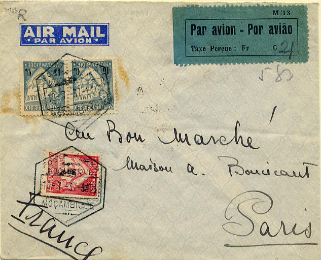 23Lis_0816.jpg -     Lote:    816            Correio Aéreo       Descrição:         1936 &mdash; Sobretaxa do Correio Aéreo. Legenda "Taxe Perçue". Sobrescrito circulado de Moçambique (10.07.37) para Paris, com selos de 45 c (2) e 85c tipo Lusíadas (porte correio ordinário) + etiqueta mod 13, CE SCA5, com sobretaxa de correio aéreo de 5$80 + 21c manuscritos.        Aéreo       Valor Base:     &euro; 20,00     Valor Venda:     &euro; 20,00     
