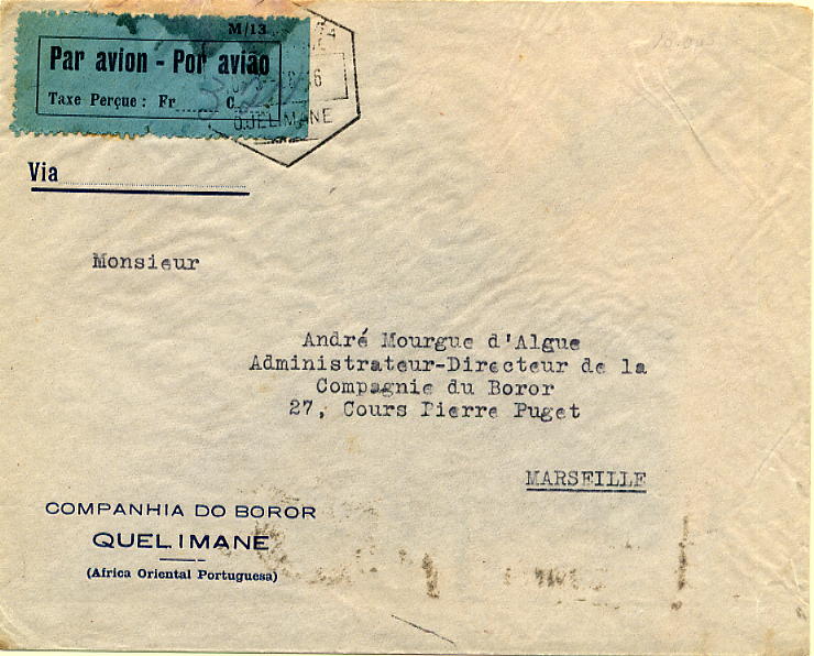 23Lis_0819.jpg -     Lote:    819            Correio Aéreo       Descrição:         1936 &mdash; Sobretaxa do Correio Aéreo. Legenda "Taxe Perçue". Sobrescrito circulado de Quelimane (10.03.38) para Marselha (18.03.1938), com etiqueta mod 13 CE SCA5, com sobretaxa de correio aéreo de 3$20 manuscrita.        Aéreo       Valor Base:     &euro; 15,00     Valor Venda:     Retirado     