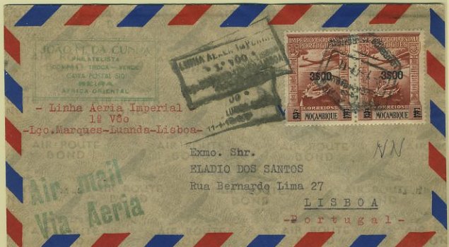 23Lis_0820.jpg -     Lote:    820            Correio Aéreo       Descrição:         1947 &mdash; Linha Aérea Imperial * 1.º Voo. Sobrescrito circulado de Lourenço Marques (09.01.47) para Lisboa (17.01.47) com par de selos de 3$00 s/ 5$00 (Império Colonial Português com sobretaxa) CE CA10. Carimbo comemorativo batido a preto.         Aéreo       Valor Base:     &euro; 20,00     Valor Venda:     Retirado     