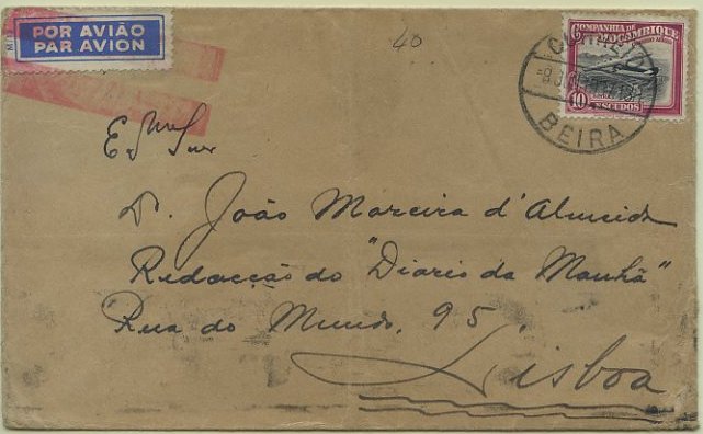 23Lis_0824.jpg -     Lote:    824            Correio Aéreo       Descrição:         1935 &mdash; Inauguração do Correio Aéreo. Tipo rectangular. Sobrescrito circulado por via aérea da Beira (08.06.1937) para Lisboa (21.06.1937), com selo de 10 E carmim e preto, CE CA24. Barramento a vermelho de fim de serviço aéreo de Londres.        Aéreo       Valor Base:     &euro; 25,00     Valor Venda:     &euro; 38,00     