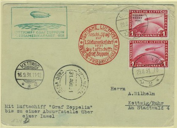 23Lis_0825.jpg -     Lote:    825            Correio Aéreo       Descrição:         1931 &mdash; Graf Zeppelin. 1.º voo para a América do Sul. Dropp em Cabo Verde. Postal ilustrado circulado de Berlin (29.08.31) com retorno a Kettwig (16.09.31) com dois selos de 1M emissão Polar Fahrt. Carimbos comemorativos batidos a verde e vermelho (confirmação da ligação de Berlim). Dropp em Cabo Verde * Praia (31.08.31). Valor de catálogo Frost &euro; 160,00.        Aéreo       Valor Base:     &euro; 75,00     Valor Venda:     &euro; 80,00     