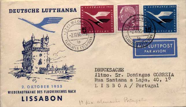 23Lis_0826.jpg -     Lote:    826            Correio Aéreo       Descrição:         1955 &mdash; Reabertura dos voos da Lufthansa para Portugal. Sobrescrito circulado de Colónia (02.10.55) para Lisboa (03.10.55), com selos comemorativos de 5 e 15p Yvert 81 e 83 + Yvert64 (Republica Federal).        Aéreo       Valor Base:     &euro; 10,00     Valor Venda:     Retirado     
