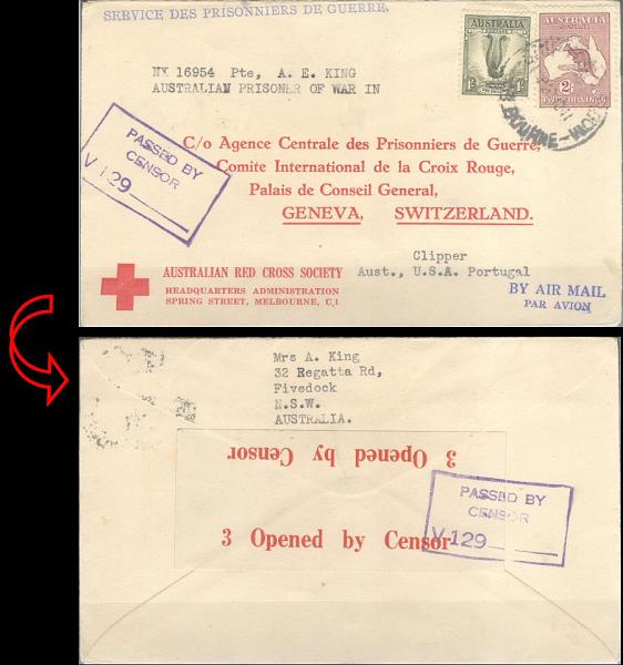 23Lis_0827.jpg -     Lote:    827            Correio Aéreo       Descrição:         1941 &mdash; PAA * Clipper * Austrália &mdash; EUA - Portugal. Sobrescrito da Cruz Vermelha da Austrália, circulado de Melburne (20.09.1941) para a Suíça. Serviço de Prisioneiros de Guerra.        Aéreo       Valor Base:     &euro; 10,00     Valor Venda:     Retirado     