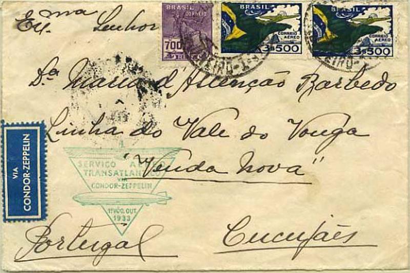 23Lis_0828.jpg -     Lote:    828            Correio Aéreo       Descrição:         1933 &mdash; Graf Zeppelin * 8.º Voo para a América do Sul em 1933. Sobrescrito circulado do Rio de Janeiro (04.10.33) para Cucujães (14.10.33) por Sevilha (10.10.33). Ligação Rio-Sevilha pelo Serviço Aéreo Transatlântico via Condor-Zeppelin. Carimbo comemorativo batido a verde.        Aéreo       Valor Base:     &euro; 30,00     Valor Venda:     &euro; 30,00     