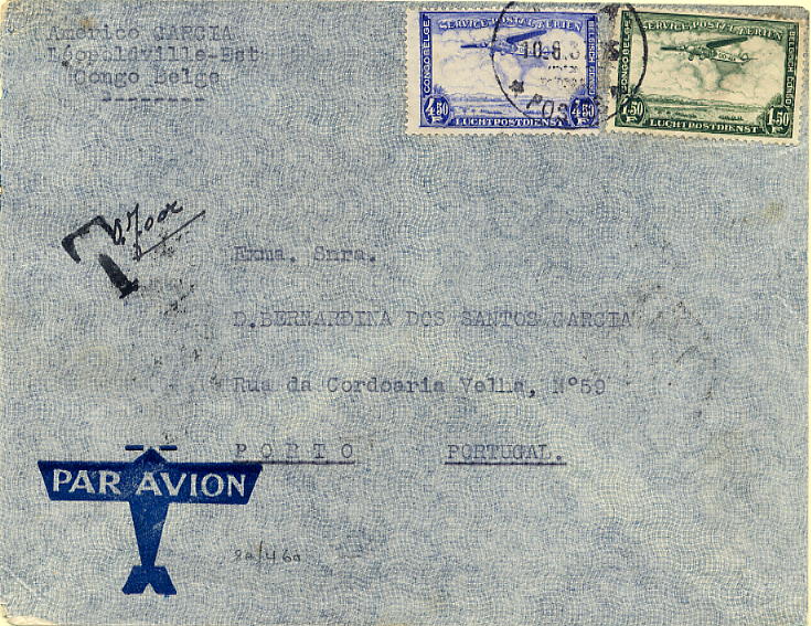 23Lis_0829.jpg -     Lote:    829            Correio Aéreo       Descrição:         1937 &mdash; Precursores. Ligação Congo Belga-Portugal. Sobrescrito circulado de Leopoldville (10.09.37) para o Porto (17.09.37) com trânsito por Marselha (14.09.37) com selos de 1,50 e 4,50F. Insuficientemente franquiado foi porteado com 0,70c. MB e MR.        Aéreo       Valor Base:     &euro; 50,00     Valor Venda:     &euro; 50,00     