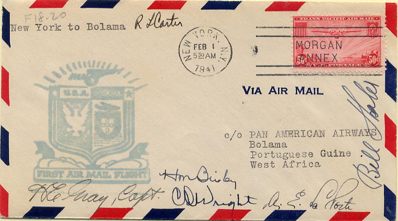 23Lis_0831.jpg -     Lote:    831            Correio Aéreo       Descrição:         1939 &mdash; FAM18. Autógrafos da tripulação. Sobrescrito circulado no 1.º voo da linha FAM18 de Nova York (01.02.41) para Bolama (06.02.1941). Carimbo comemorativo do voo batido a verde-azul. Sobrescrito com o autógrafo de toda a tripulação. MB e MR.        Aéreo       Valor Base:     &euro; 30,00     Valor Venda:     Retirado     