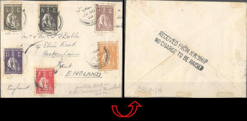 23Lis_0836.jpg -     Lote:    836            Correio Marítimo       Descrição:         1912 &mdash; Ceres. Sobrescrito lançado a bordo de paquete inglês, com selos de &frac14;, &frac12;, 1, 2, 2 &frac12;, e 3 c., CE206, 207, 221, 222, 211 e 224, para Londres (22.11.20). Selos obliterados com carimbo de Londres. No verso carimbo batido a preto "RECEIVE FROM H. M. SHIP / NO CHARGE TO BE RAISED".        Carta       Valor Base:     &euro; 20,00     Valor Venda:     &euro; 65,00     