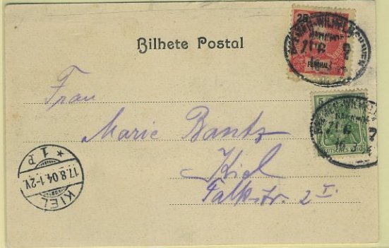 23Lis_0841.jpg -     Lote:    841            Correio Marítimo       Descrição:         1898 &mdash; D. Carlos I tipo Mouchon. Postal ilustrado com selo de 25 reis carmim CE28, transportado em mão e lançado em Ambulância Ferroviária Alemã (Bremen &mdash; Wilm??) em 16.03.04 para Kiel (17.08.04) + selo tipo Germânia de 5p correspondente ao porte alemão, não tendo sido considerado o selo português. Ambos obliterados com carimbo da ambulância.        PI       Valor Base:     &euro; 75,00     Valor Venda:     Retirado     