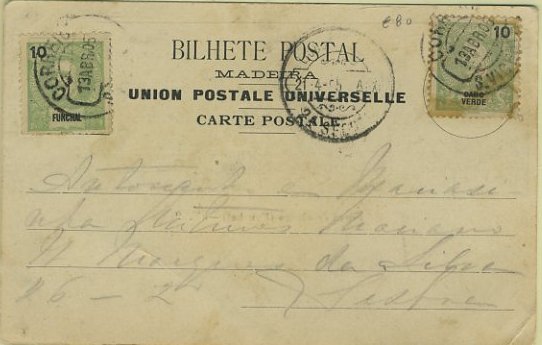 23Lis_0845.jpg -     Lote:    845            Correio Marítimo       Descrição:         Correio marítimo. Postal lançado na caixa de correio a bordo de paquete em viagem para Cabo Verde, com selo Mouchon do Funchal de 10 reis tipo Mouchon. Não tendo sido aceite o selo foi novamente franquiado com selo de 10 reis tipo Mouchon de Cabo Verde, ambos obliterados com o carimbo de S. Vicente (13.04.05). Chegada a Lisboa (21.04.05). B e R.        PI       Valor Base:     &euro; 50,00     Valor Venda:     Retirado     