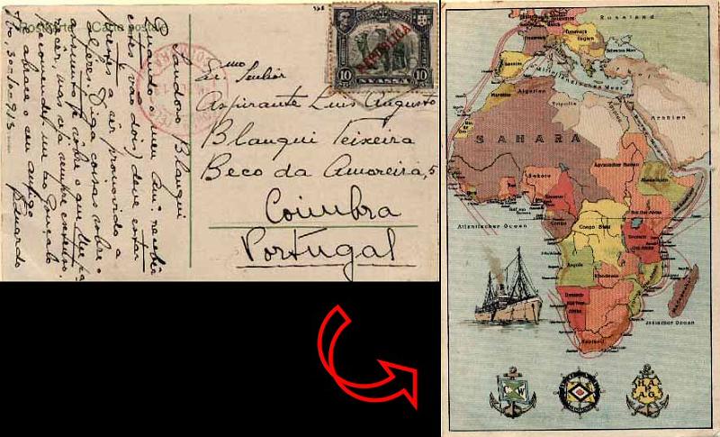 23Lis_0847.jpg -     Lote:    847            Correio Marítimo       Descrição:         Rotas marítimas das diversas companhias de navegação em África. Postal ilustrado circulado do IBO (30.10.1913) para Coimbra (04.09.13), com selo de 10 reis verde, D. Manuel II, motivos locais com sobrecarga Republica, CE54. Postal publicitário com as rotas de navegação das companhias HAPAG LLOYD, D.O.A.I / HAMBURGO e C. W.         PI       Valor Base:     &euro; 40,00     Valor Venda:     &euro; 70,00     