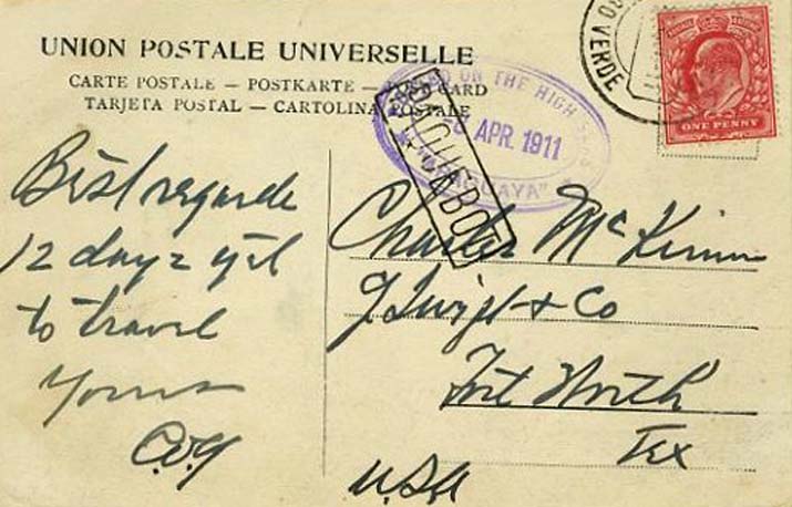 23Lis_0851.jpg -     Lote:    851            Correio Marítimo       Descrição:         Carimbos de denominação de origem. Postal ilustrado lançado a bordo do Paquete "Araguaya" (08.04.1911 &mdash; carimbo violeta) com destino ao EUA, selo inglês de 1p, obliterado em de S. Vicente e carimbo PAQUEBOT também de S. Vicente, batido a preto.         PI       Valor Base:     &euro; 15,00     Valor Venda:     &euro; 15,00     