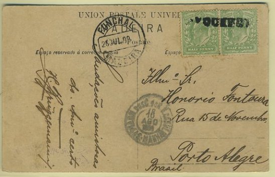 23Lis_0852.jpg -     Lote:    852            Correio Marítimo       Descrição:         Correio marítimo. Marcas de denominação de origem. Postal ilustrado com 2 selos Ingleses de &frac12; p, lançado a bordo de paquete inglês (26.07.09) para Porto Alegre / Brasil (16.08.1909). Trânsito pelo Funchal (26.07.09) e carimbo de denominação de origem do Funchal batido a preto "PAQUEBOT" * Hosking 1238.        PI       Valor Base:     &euro; 10,00     Valor Venda:     &euro; 10,00     