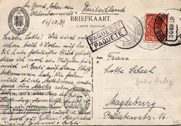 23Lis_0853.jpg -     Lote:    853            Correio Marítimo       Descrição:         Correio marítimo. Postal ilustrado lançado a bordo do Paquete Johan van Oldenbarnevelt, com selo de 7 &frac12; cent. da Holanda, obliterado com carimbo de bordo "POSTASENT AMSTERDAM-BATAVIA / 17.X.39", para Magdeburg, com trânsito por Lourenço Marques (17.10.39) e Lisboa (30.11.39). Marca de denominação de origem batida a preto "PAQUEBOT / PAQUETE" de Lourenço Marques (Hosking 1322). Rara circulação.        PI       Valor Base:     &euro; 30,00     Valor Venda:     &euro; 40,00     