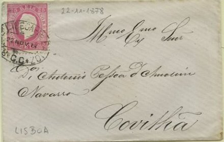 23Lis_0854.jpg -     Lote:    854            Correio Ferroviário       Descrição:         Correio ferroviário. 1870/76 &mdash; D. Luís I fita direita. CE40 25 reis carmim, papel liso, denteado 12 &frac12;, em carta circulada por ambulância ferroviária de Lisboa (22.11.78) para a Covilhã. Carimbo oval batido a preto "R. A. DE LISBOA-BADAJOZ / C.C / 22 NOV 78". MB.        Carta       Valor Base:     &euro; 25,00     Valor Venda:     &euro; 55,00     